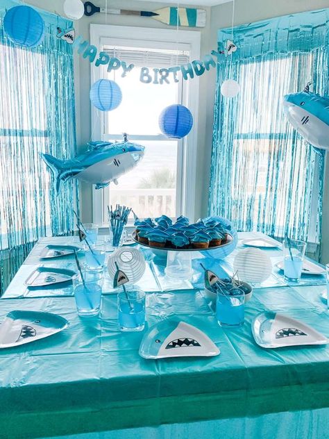 Shades Of Blue Party Decorations, Shades Of Blue Party, Sharks Birthday Party, Shark Week Party, Shark Themed Party, Blue Party Decorations, Ocean Birthday Party, Shark Themed Birthday Party, Ocean Birthday