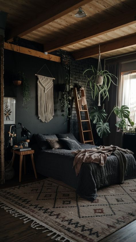 Feminine Dark Bedroom, Goth Dark Aesthetic, Dark Moody Small Bedroom, Moody Gothic Bedroom, Dark Nordic Interior, Dark Bohemian Aesthetic, Dark Modern Boho, Moody House Decor, Dark Wood Room Aesthetic