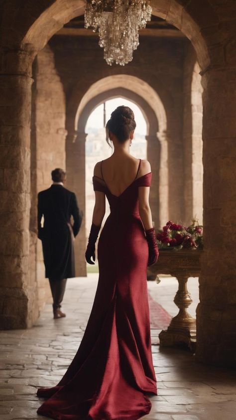 Dark Vintage Romance Aesthetic, Dark Feminine Dresses Long, Dark Red Gala Dress, Dark Maroon Prom Dress, Red Fantasy Dress Aesthetic, Dark Red Wedding Aesthetic, Hairstyles For Red Dress, Rare Prom Dresses, Dark Red Dress Outfit