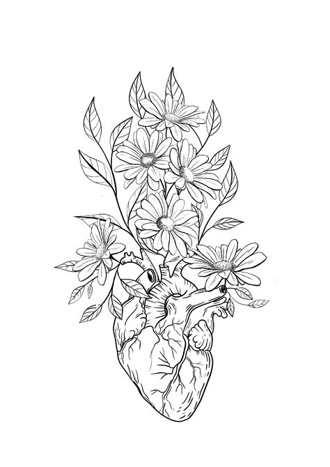 Tattoo Art Drawings Sketches, Human Heart Tattoo, Heart Flower Tattoo, Realistic Flower Drawing, Anatomical Heart Art, Anatomical Heart Tattoo, Fantasy Tattoos, Large Tattoos, Tattoo Art Drawings