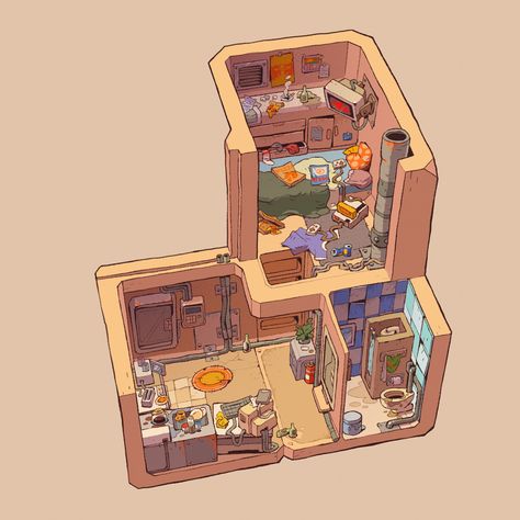 apartment.01, Krzysztof Maziarz on ArtStation at https://www.artstation.com/artwork/w6P8ZO Home Bedroom Ideas, 3d Pokemon, Isometric Drawing, Isometric Art, Sims House Design, Isometric Illustration, Concept Home, Fantasy House, Room Decorations