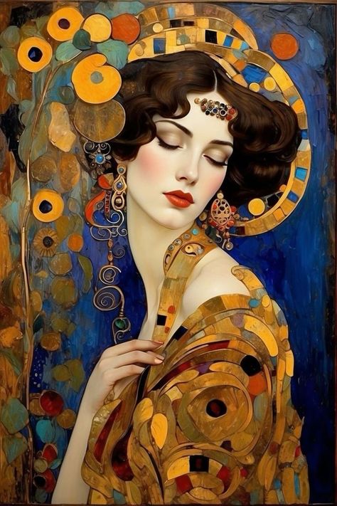 Art Ladies Art Klimt, Gustav Klimt Art, Art Deco Artwork, Klimt Paintings, Klimt Art, Art Nouveau Illustration, Painting Woman, Tableau Art, Abstract Portrait