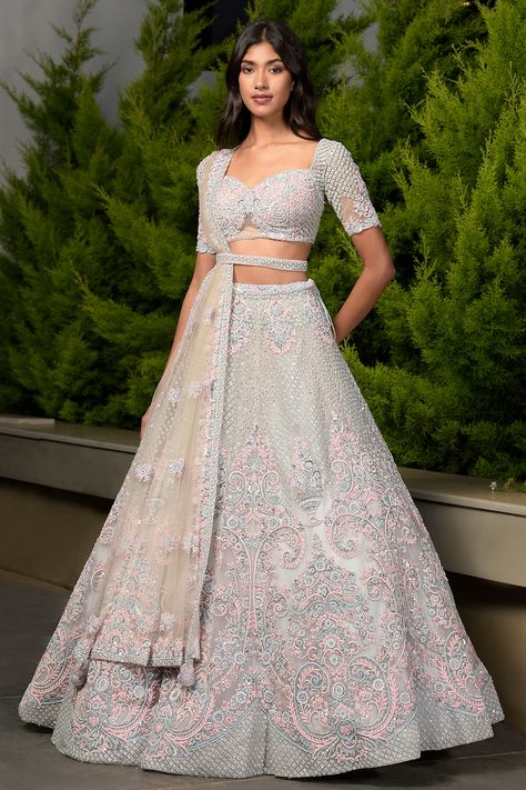 Buy Light Grey Stone Embroidered Net Reception Lehenga Online | Samyakk Manish Malhotra Lehenga Latest, Blouse Design Indian, Manish Malhotra Lehenga, South Indian Wedding Hairstyles, Pink Blouse Designs, Reception Gowns, Gowns Black, Sabyasachi Bride, Reception Lehenga