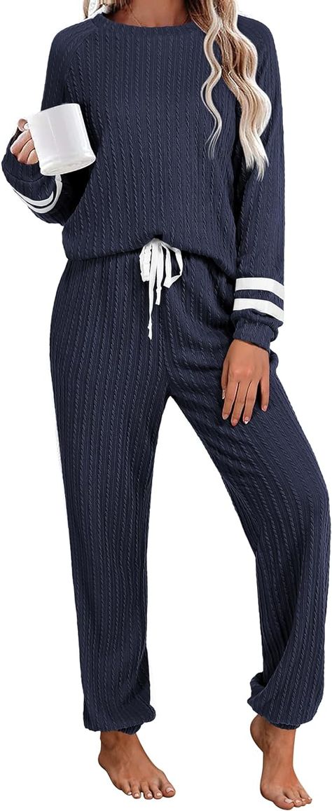 Ekouaer Lounge Sets for Women Ribbed Knit Outfits Pajamas Sets 2 Piece Long Sleeve Sweatsuits with Pockets Shorts Lounge Set, Cozy Pajama Set, Lounge Wear Plus Size Style, Women’s Loungewear, Lounge Sets For Women, Outfits Pajamas, Simple Pullover, Winter Pajamas Women, Long Pajamas