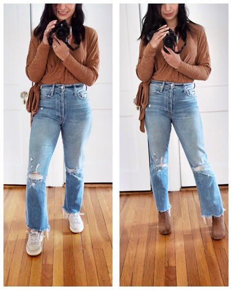 How To Crop Straight Leg Jeans, Raw Hem Straight Jeans, Best Length For Cropped Jeans, Shorten Jeans Frayed, Frayed Cropped Jeans, Cropped Raw Hem Jeans Outfit, How To Style Cropped Flare Jeans, Straight Leg Raw Hem Jeans Outfits, Crop Jeans In Winter