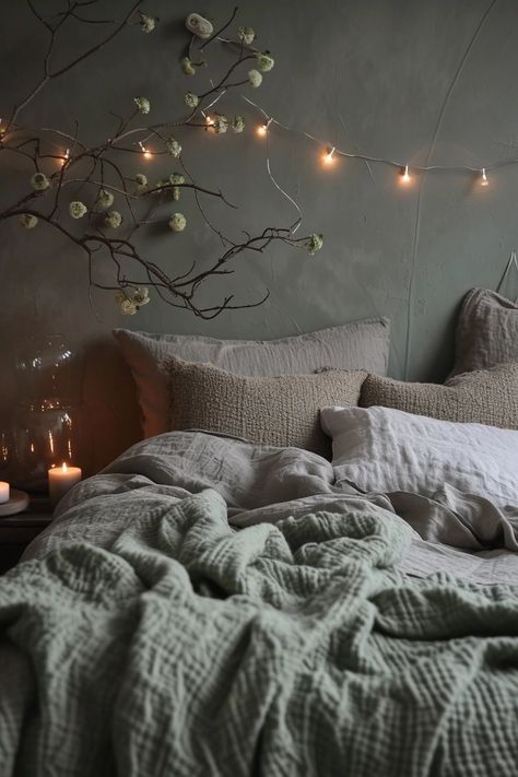 23 Sage Green and Grey Bedroom Ideas You Will Absolutely Love Green Wall Grey Bedding, Gray Cozy Bedroom Ideas, Grey Green Bedding, Room With Grey Walls Bedroom Ideas, Sage Green And Grey Bedroom Ideas, Sage And Gray Bedroom, Gray And Sage Bedroom, Grey And Green Room, Sage Green Bedroom Decor Ideas