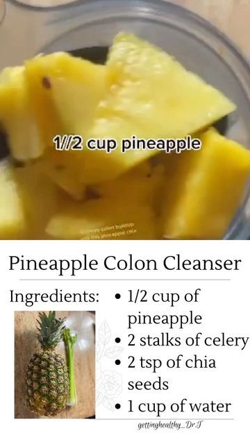 Dr. T | Dr of Pharmacy on Instagram: "This drink will help dislodge food that is stuck in your 6-foot large intestines! Cleanse your colon with this Pineapple Chia Drink! Ingredients: • 1/2 cup of pineapple • 2 stalks of celery • 2 tsp of chia seeds • 1 cup of water BLEND and enjoy🍍 #pineapple #celery #chiaseeds #coloncleansing #coloncleanse drink #pineapplebenefits #pineappledrink #pineapplejuice #gutcleanse #intestines #pineapplejuice #celeryjuice #colonhealth #smoothies #blackwellness #do Celery Pineapple Juice, Pineapple Infused Water, Chia Drink, Drink Ingredients, The Egg Diet, Pineapple Benefits, Colon Cleanse Recipe, Detox Your Liver, Pineapple Water