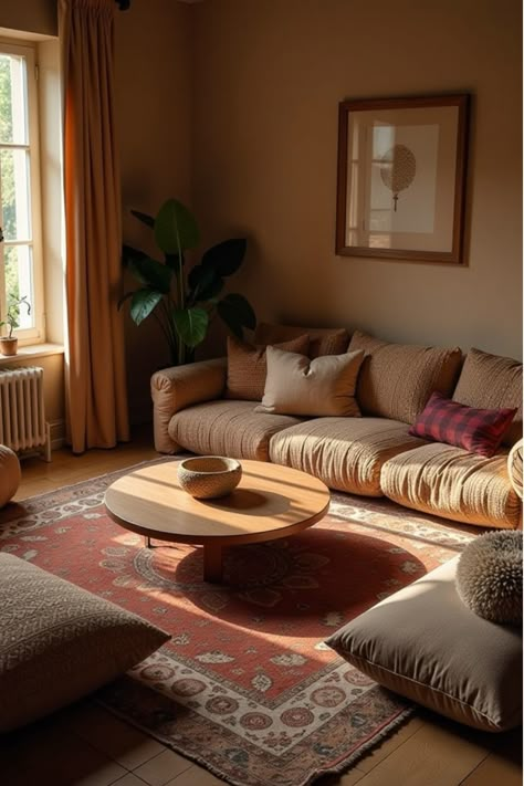 Warm and inviting boho floor lounge setup in bedroom corner Unique Living Room Seating, Boho Floor Bed Ideas, Living Room With Pillows On Floor, Floor Seating In Bedroom, Chill Lounge Room Ideas, Cosy Floor Seating, Floor Lounge Area Cozy, Floor Seating Dining Room, Boho Floor Couch