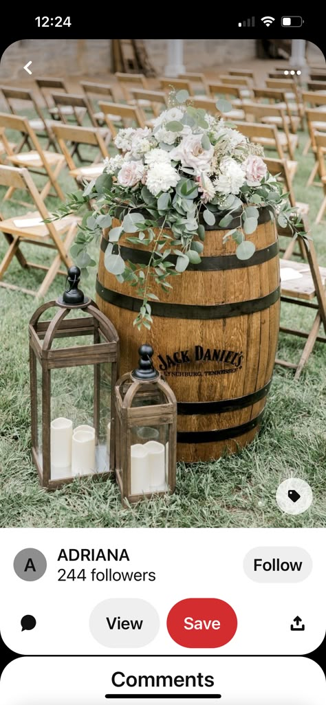 Whiskey Barrel Arrangements Wedding, Whiskey Barrel Arrangements, Flowers On Whiskey Barrel Wedding, Barrel Top Flower Arrangements, Whiskey Barrel Unity Ceremony, Wedding Barrel Flowers, Whiskey Barrel Wedding Flowers, Barrel Tables Wedding, Oak Barrel Wedding Decor