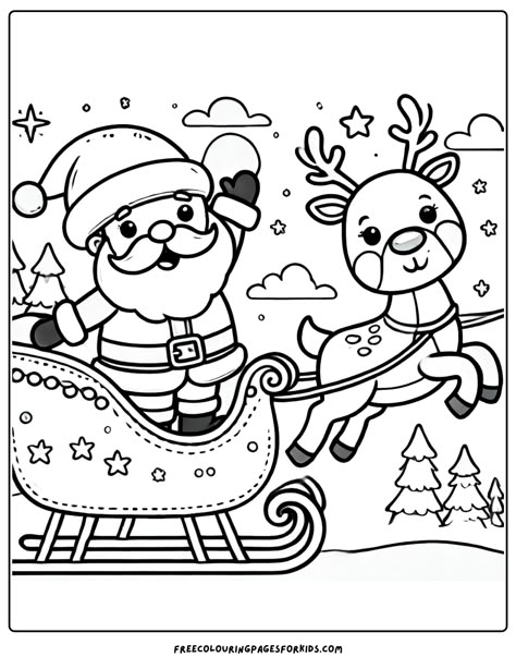 Santa and his cheerful reindeer Free Christmas Coloring Books, Santa Claus For Coloring, Santa Clause Coloring Page, Colouring Christmas Pages, Santa Colouring Pages, Santa Coloring Pages For Kids, Christmas Coloring Pictures Free Printable, Christmas Color Pages For Kids, Christmas Kids Coloring Pages