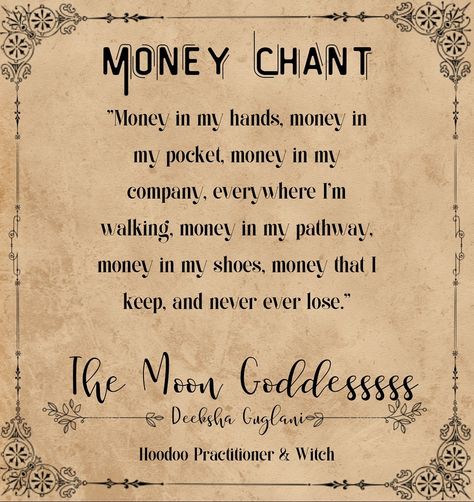 Quick Money Chant. If you can’t perform any spell or ritual this is for you. Chant this 9 times daily. Taken from my favourite @hoodoodelish Witch Chants Magic Spells, Change Of Luck Spell, Money Chants That Work, Money Bowl Spell Chant, Spell To Get Money Fast, Witchcraft Chants Magic Spells, Money Protection Spell, Money Chanting Spells, Thursday Money Spell