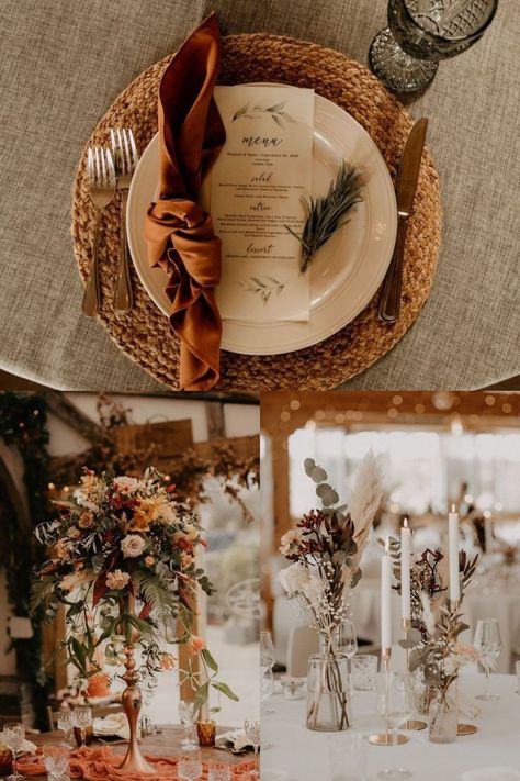 Fall Boho Wedding Reception Tables, Terracotta Wedding Ceremony Decor, Champagne Rustic Wedding Theme, Vintage Boho Fall Wedding, Rustic Fall Wedding Place Setting, Bohemian Style Wedding Decorations, Terracotta Wedding Circle Table, Terracotta And Sage Centerpieces, Isle Decorations Wedding October