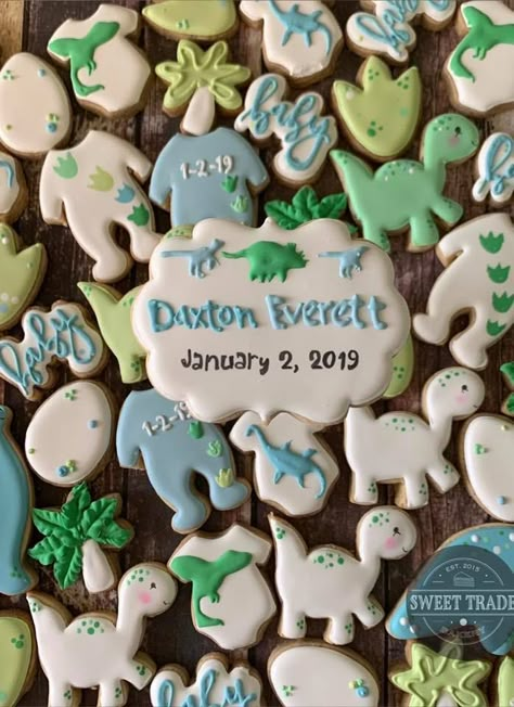 Dinosaur baby shower cookies Dinosaur Baby Shower Cookies, Dinosaur Baby Shower Ideas, Baby Dinosaur Party, Dinosaur Baby Shower Theme, Dinosaur Cookies, Baby Theme, Shower Desserts, Baby Dino, Dinosaur Baby Shower