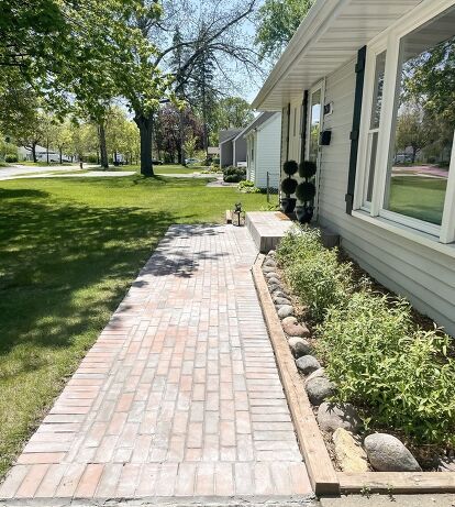 This is a guide to enhancing your curb appeal by updating your walkway. Learn how to add brick pavers over existing concrete with this simple tutorial. Brick Patio Front Of House, Concrete Pavers Diy, Pavers Over Concrete, Paver Sidewalk, Concrete Pathway, Brick Sidewalk, Pavers Diy, Concrete Path, Brick Pathway