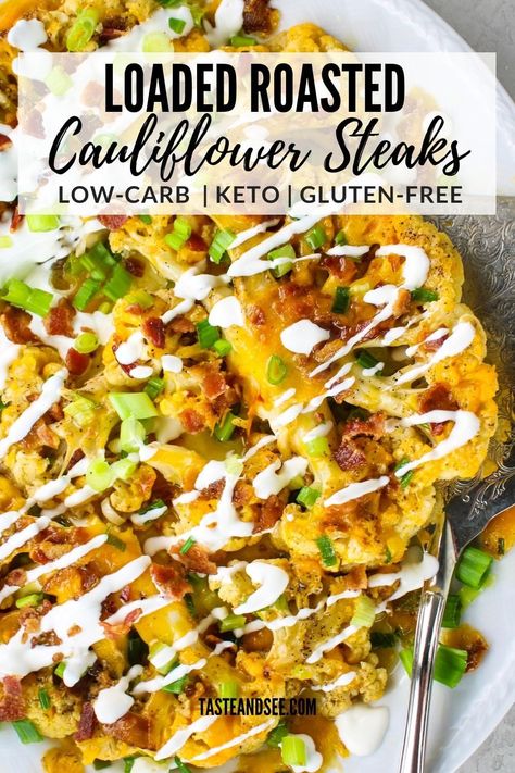 These Loaded Roasted Cauliflower Steaks are out-of-this-world delicious! They're like a loaded baked potato without all the carbs! Thick slices of roasted cauliflower topped with cheese, bacon, green onion, and sour cream. A hearty and satisfying low-carb and gluten-free recipe. Loaded Roasted Cauliflower, Keto Cauliflower Steak Recipes, Baked Sliced Cauliflower Recipes, Healthy Cauliflower Steaks, Cauliflower Slices Roasted, Cheese Cauliflower Steak, Roast Cauliflower Steaks, Keto Cauliflower Hashbrowns, Loaded Cauliflower Steaks