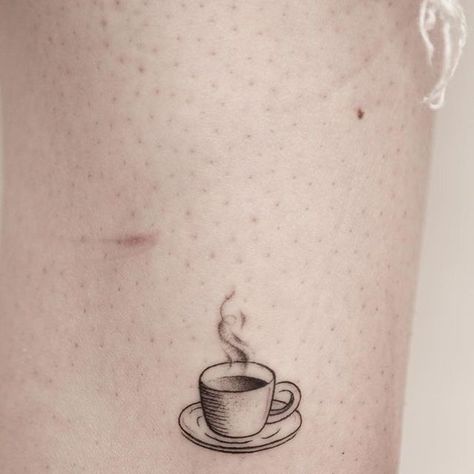 Small Iced Coffee Tattoo, Coffee Tattoos Ideas, Tiny Coffee Cup Tattoo, Coffee Matching Tattoo, Cup Of Coffee Tattoo, Espresso Tattoo, Coffee Lover Tattoo, Coffee Tattoo Minimalist, Barista Tattoo