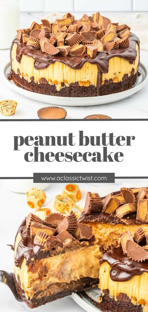 You're going to love this peanut Butter Chocolate Cheesecake! There’s a layer of creamy peanut butter cheesecake filling with mini cut-up Reese’s Peanut Butter Cups inside. It’s a nice chocolatey peanut butter surprise with every bite! Chocolate And Peanut Butter Cheesecake, Reese’s Peanut Butter Cup Cheesecake, No Bake Reese’s Peanut Butter Cup Cheesecake, Reese Cheesecake Recipe, Reeses Cheesecake Recipes, Reese Peanut Butter Cheesecake, Reese’s Peanut Butter Cup Cheesecake Recipes, Reese’s Peanut Butter Cheesecake, Reese’s Cheesecake