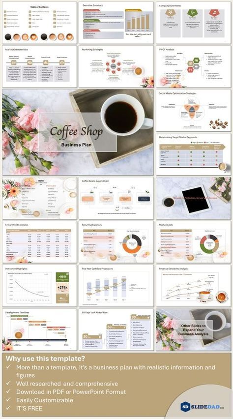 Do you want to save time developing your coffee shop business plan? Then download this template. Unlike others you find online that provide only placeholders, this template offers specific and realistic information and figures to facilitate crafting your own plan. It is comprehensive, including all the sections needed for a professionally prepared business plan, such as an executive summary, establishment costs and timelines, sales and marketing strategies, financial projections, and investment appraisal ratios, among others. Start turning your coffee shop business concept into reality by preparing a business plan using this template! Operational Plan, Plant Nursery Business, Cafe Business Plan, Coffee Shop Business Plan, Drive Thru Coffee, Plant Business, Starting A Coffee Shop, Airbnb Business, Party Planning Business