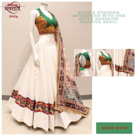 🤍 Make a Statement this Navratri in our Dazzling White Chaniya Choli! 🤍 This full-flair Georgette lehenga is a masterpiece with vibrant multi-color embroidery, intricate kutchi work, and sparkling abhala. The multi-color embroidered blouse with a captivating back design adds a modern touch. A multicolor soft silk dupatta with mirrors completes this stunning ensemble. Shop now and shine bright this festive season! Learn More: palkhi.us/link #PalkhiFashion #Navratri2024 #ChaniyaCholi #White... White Chaniya Choli, White Chaniya, Kutchi Work, Georgette Lehenga, Color Embroidery, Designer Outfits, Chaniya Choli, Indian Designer Outfits, Silk Dupatta