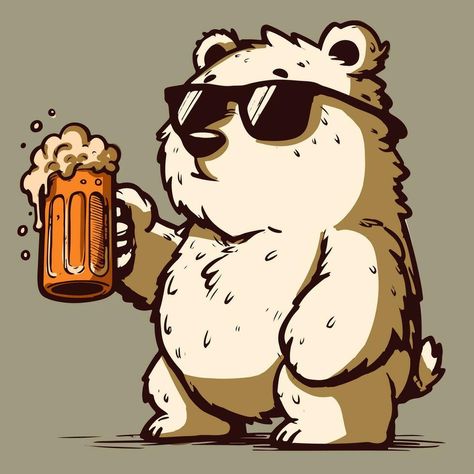 Vector of a cartoon polar bear with sunglasses holding a beer pint. Drawing of a north pole animal drinking a beverage Beer Cartoon Drawing, Cartoon Sunglasses Drawing, Beer Drawing Illustrations, Beer Illustration Art, Bear Cartoon Drawing, Drinking Drawing, Bears Drawing, Christmas Card Puns, Animal Cartoon Illustration