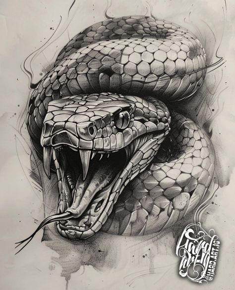 Anaconda Snake Drawing, The World Serpent Tattoo, Snake Tattoo Designs Men, Snake Body Drawing, Scary Snake Drawing, Snake Design Tattoo, Snake Biting Hand Tattoo, Snake Drawing Tattoo, Viper Tattoo Design