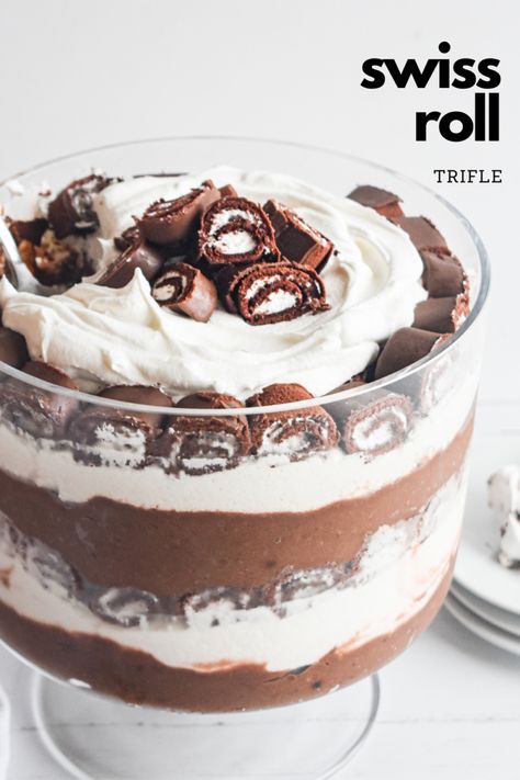 Swiss Roll Trifle | Recipes | Eat Wheat Swiss Roll Dessert Ideas, Swiss Cake Roll Trifle, Swiss Roll Trifle Recipes, Swiss Roll Dessert, Swiss Roll Trifle, Chocolate Cake Trifle, Banana Trifle, Trifle Recipes Easy, Dessert For A Crowd