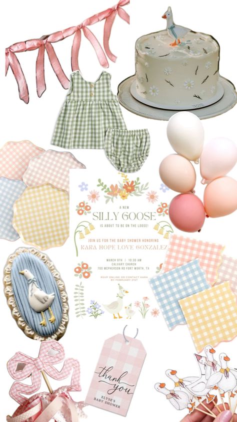 Think pastels, gingham, pink accents, mother goose, classic nursery rhymes. Goose Birthday, Gingham Party, Baby First Birthday Themes, Vintage Gingham, Classic Nursery Rhymes, Classic Nursery, Baby Shower Theme Decorations, Baby Birthday Themes, Vintage Baby Shower