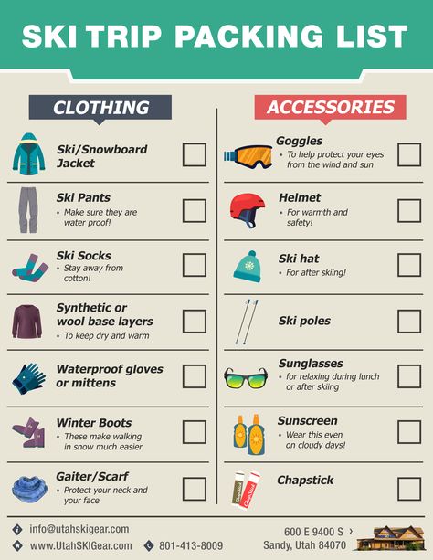 ski trip packing list. what to pack for a ski trip. family ski vacation Ski Vacation Packing List, Utah Ski Trip, Ski Trip Essentials, Ski Trip Packing List, Ski Trip Packing, Skiing Workout, Family Ski Vacation, Ski Pack, Utah Ski