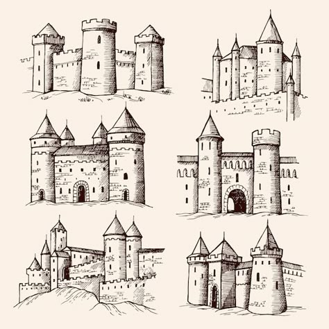 Medieval Castle Drawings, Middle Ages Castle Drawing, Castle Tower Illustration, Mini Castle Drawing, How To Draw A Castle On A Map, Castle Landscape Drawing, Medieval Castle Painting, Castle Drawing Sketches Design Reference, Castle On A Hill Drawing