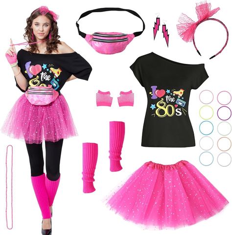 Amazon.com: 80s Outfits Costume Accessories for Women- 80s T-shirt, 80s Fanny Pack, Tutu Skirt for Halloween Cosplay Retro Theme Party : Clothing, Shoes & Jewelry 80s Bowling Outfit, Retro Theme Party, Pink Leg Warmers, Look 80s, Pink Bead Necklace, Fishnet Gloves, 80s Outfits, Pink Tutu Skirt, Hot Pink Earrings