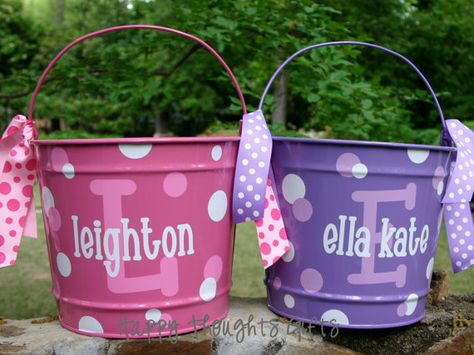 TWO Personalized Easter Bucket Baskets by happythoughtsgifts, $56.00 Painted Buckets, Personalized Easter Bucket, Easter Cricut, Easter Bunny Treats, Bucket Ideas, Bucket Design, Easter Baskets For Toddlers, Easter Buckets, Bunny Treats