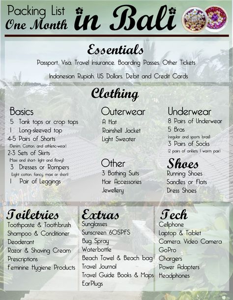 Detailed packing list for an extended trip to a tropical destination. Bali Packing List, Bali Outfit, Bali Bucket List, Bali Holiday, Bali Baby, Greece Destinations, Travel Packing List, Bali Trip, Bali Honeymoon