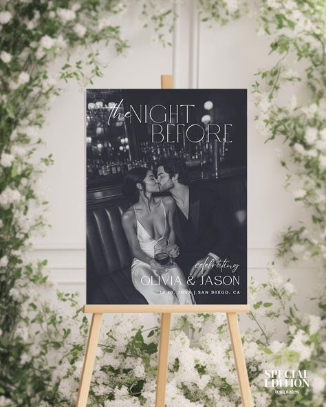 Enhance your Wedding Rehearsal Dinner with our "The Night Before" wedding sign, perfect for welcoming your guests. This editable Canva template allows you to customize the night-before wedding decorations to fit your theme perfectly. Create a memorable and inviting atmosphere with our easy-to-use, printable sign and poster. 💗 CONTACTS ⋄ IG : @specialedition.templates ⋄ WEBSITE : www.specialeditiontemplates.com ⋄ MESSAGE us through Etsy 💗 WHAT YOU RECEIVE You will receive your template in sizes Black And White Formal Wedding Decor, Night Before Wedding Sign, Black And White Wedding Simple, Black And White Rehearsal Dinner Decor, The Night Before Wedding Sign, Wedding Rehearsal Dinner Ideas Decor, The Night Before, The Night Before Rehearsal Dinner Sign, Black And White Wedding Decor Elegant