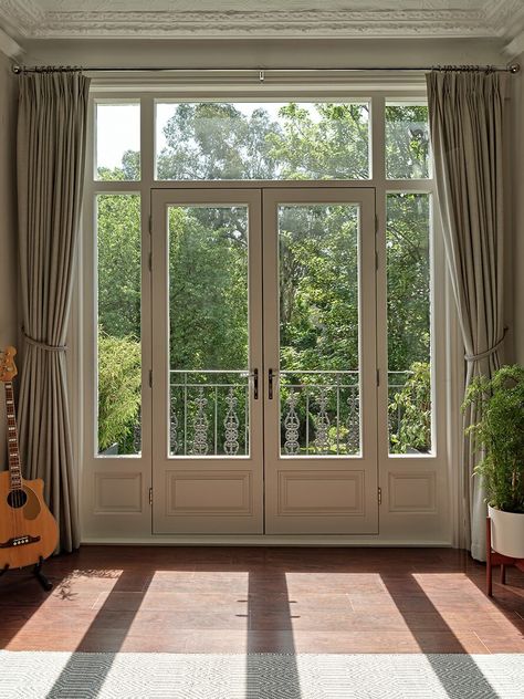 White French Doors To Patio, French Door Aesthetic, Bathtub In Front Of French Doors, Vintage French Doors Patio, French Doors To Balcony, French Doors Off Kitchen, French Doors And Windows, French Balcony Doors, French Window Kitchen