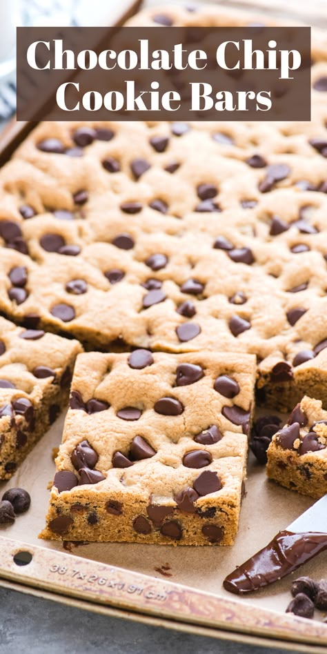 chocolate chip cookie bars pin with text overlay Easy Chocolate Chip Bars 9x13, 9 X 13 Chocolate Chip Cookie Bars, Chocolate Chip Cookies Bars 9x13, Chocolate Chip Pan Chewies, Pan Cookies Chocolate Chip, Bar Cookies Recipes 9x13, Chocolate Chip Pan Cookies Bar Recipes, Chocolate Cookie Bars Recipe, Chocolate Chip Bars 9x13 Recipe