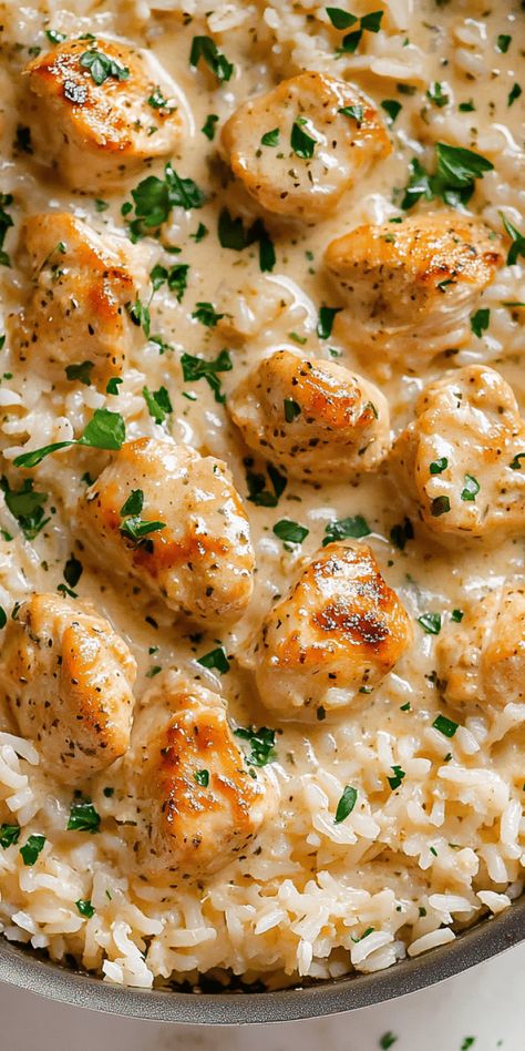 Creamy Herb Chicken & Basmati Rice – Chasety Chicken Rice Brocoli, Rice With Pasta Sauce, Healthy Arborio Rice Recipes, Creamy Chicken Recipes Healthy, Meals With Gravy Dinners, Chicken With Rice Recipes Healthy, Chicken Recipes For Dinner With Rice, Chicken Rice Stovetop, Really Good Chicken Recipes