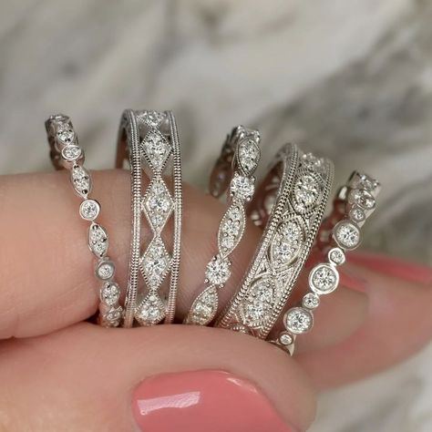 Ivy & Rose Fine Jewelry on Instagram: “Glitter stacks, perfect for mixing and matching ✨⁠ ⁠” Anniversary Rings For Her 10 Year, Anniversary Rings 25th, 10 Year Anniversary Ring, Diamond Wedding Bands Stackable, Platinum Diamond Wedding Band, Vintage Diamond Wedding Bands, Round Diamonds Wedding Band, Round Wedding Band, Stunning Diamond Rings