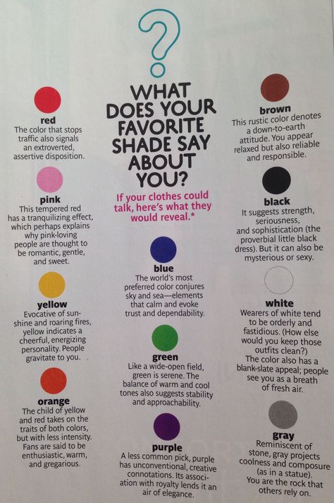 What do the colors you wear say about you? From Real Simple Magazine, May 2014 What Your Fav Color Says About You, Bike Color Ideas, Favorite Color Meaning, Emotions Lesson, Comfy Outfit For School, Colour Meanings, What Colors Mean, Color Magick, Wisdom Quotes Truths