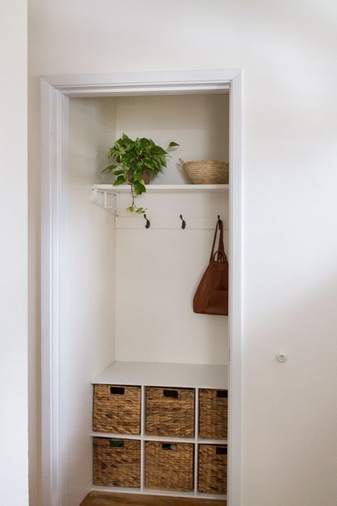 Hall Closet Made Into A Mini Mudroom - zevy joy Hall Closet Organization, Mini Mudroom, Coat Closet Ideas, Front Hall Closet, Front Closet, Mudroom Closet, Entry Closet, Entryway Closet, Small Hall