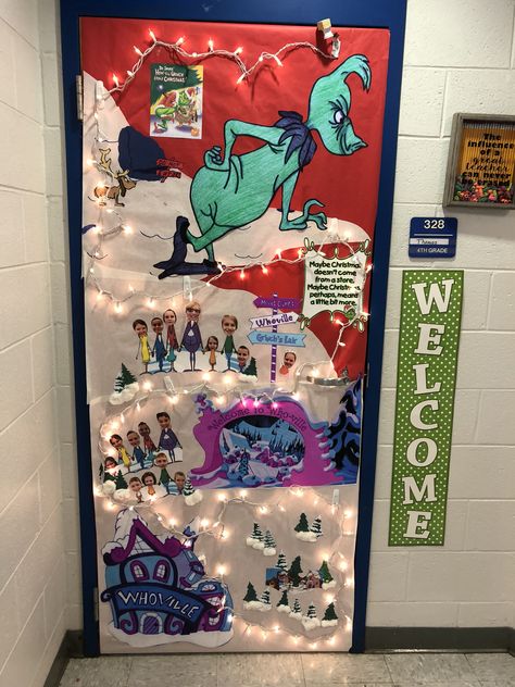 Grinch Themed Christmas Classroom Door, Door Decorations Classroom Christmas The Grinch, Elaborate Christmas Door Decorations, Christmas Door Decorations The Grinch, Whoville Window Display, The Grinch Classroom Door Ideas, Grinch Door Decorations Classroom Whoville, The Grinch School Hall Decorations, Whoville Office Door Decorating Ideas