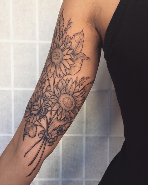 Thank you, Kiara!! Sunflowers and Lily of the valley ! 🌻🌾 Small Sunflower Tattoos, Edgy Tattoo, Botanisches Tattoo, Sunflower Tattoo Thigh, Sunflower Tattoo Simple, Sunflower Tattoo Sleeve, Sunflower Tattoo Shoulder, Feminine Tattoo Sleeves, Small Sunflower