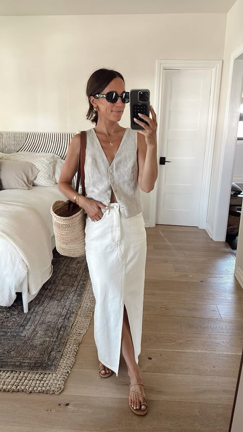 25 Styled Outfits for Summer | June + July Capsule Wardrobe Wardrobe Scandinavian, Linen Skirt Outfit, Denim Midi Skirt Outfit, White Skirt Outfits, Spring Summer Capsule Wardrobe, Styled Outfits, Denim Skirt Outfits, White Denim Skirt, Smart Dressing