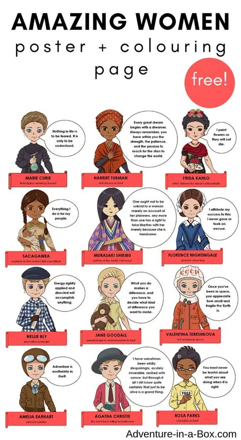 Amazing Women in History: Free Colouring Page + Poster. In celebration of women's history month, I'd like to share a free colouring page and a printable poster with you, featuring twelve amazing women and their inspiring quotes. #womenshistorymonth #womensempowerment #women #homeschool #homeschooling Women History Month Activities, Fun Facts About Earth, Womens History, Women History, Womens Month, Women's History Month, Women Poster, History Quotes, History For Kids