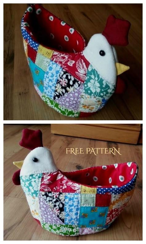 Patchwork Chicken Bowl, Chicken Baskets, Bread Tutorial, Chicken Basket, Chicken Quilt, Fabric Bowl, Diy Step, Chicken Crafts, Scrap Fabric Projects