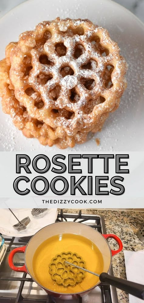 These rosette cookies are unique holiday or Christmas cookies. Made with minimal ingredients, these tips give you success for the perfectly fried cookie. Recipe For Rosettes, Rosette Cookies Irons, Mandolins Cookies, Rosette Iron Batter, Rosetta Cookies Recipes For, Rosette Recipe Christmas Cookies, Rosette Cookies Recipe How To Make, Rosette Cookies Recipe, Rosette Batter Recipe