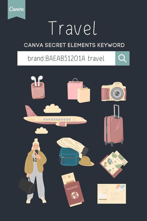 Canva Pro keywords for travel elements - passport, airplane, outfits, map, backpack, airpods! Find secret hidden design elements in Canva Pro. Simply search the code > brand:BAEAB512O1A travel < for aesthetic illustrations and scroll through these and even more beautiful elements in Canva! Canva Keywords Elements, Elements In Canva, Aesthetic Illustrations, Canva Pro Elements, Travel Elements, Canva Keywords, Canva Frames, Airplane Outfits, Keyword Elements Canva