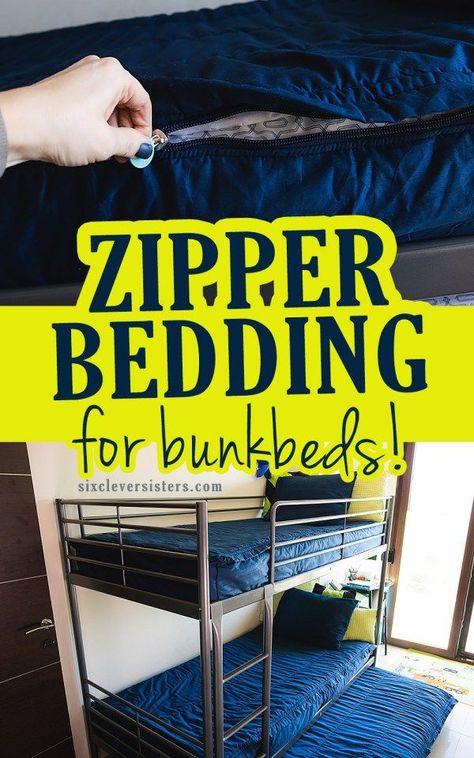 Have kids with bunk beds who can't neatly make their bed? (and who can blame them!!) This zipper bedding for bunkbeds was the solution to our messing bed making problem. You will be amazed at this great solution! It certainly keeps my kids rooms looking much much neater! #organize #organization #mom #kids #raisingkids #hack #bunkbed #howto #tips Diy Bunk Bed Bedding, Bubble Wrap Window Insulation, Bedding For Bunk Beds, Duvet Hack, Bubble Wrap Windows, Bunk Bed Hacks, Zip Up Bedding, Bunk Bed Decorating Ideas, Bunk Bed Accessories