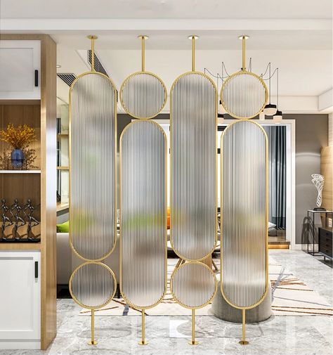 Living Room Divider Ideas, Rose Gold Wall Art, Glass Partition Designs, Modern Partition, Modern Partition Walls, Wall Partition Design, Glass Partition Wall, Modern Chic Design, Hanging Room Dividers