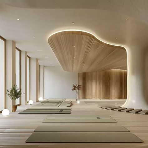 Japandi Yoga Studio Yoga Studio Lounge Area, Relaxing Room Aesthetic, Wellness Space Design, Yoga Studio Interior Design Ideas, Japandi Home Gym, Yoga Aesthetic Room, Minimalist Architecture Interior, Well Being Room, Wellness Lounge Interior Design