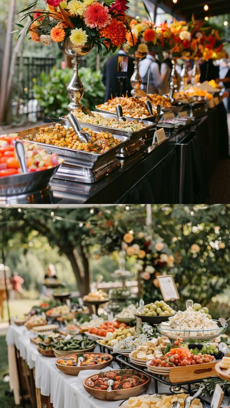 food station at a wedding party Table Setting Buffet Wedding, Non Dinner Wedding Reception, Wedding Reception At A Bar, Appetizers At Wedding, Dining Wedding Decor, Food Table At Wedding Reception, Outdoor Buffet Wedding, Outdoor Wedding Buffet Table Ideas, Wedding Buffet Stations